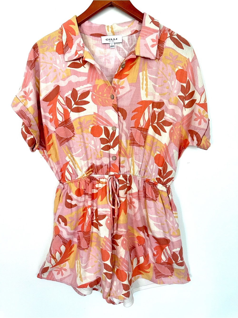 Gilli Pink Floral Button-Front Short-Sleeve Linen Blend Romper Size Large